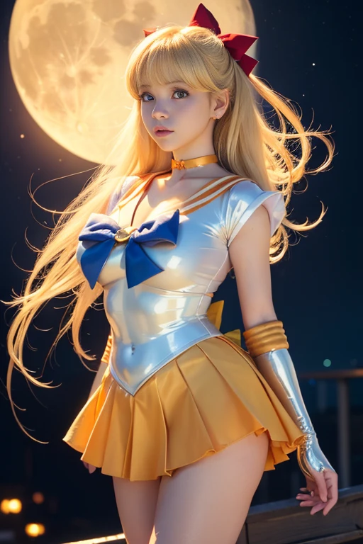 ((masterpiece:1.4), (highest quality:1.4), (Realistic:1.7))、RAW Photos、Octane Rendering、From below:1.2、Sexy pose、1 person、Japanese、Mature Woman、Plump face、Big eyes、Droopy eyes、eye make up、Large Breasts、Sailor Warrior Uniform、Sailor Venus、Blonde Hair、Magical girl、blue eyes、((Latex Costume))、(Slime Skin)、Orange Skirt、Elbow hand pockets、tiara、Pleated skirt、Hair Ribbon、Orange sailor collar、mini skirt、choker、Red Bow、オレンジのchoker, White gloves、Very long hair、jewelry、Earrings、Big Moon、Bright moonlit night、Starry Sky、Rooftop、