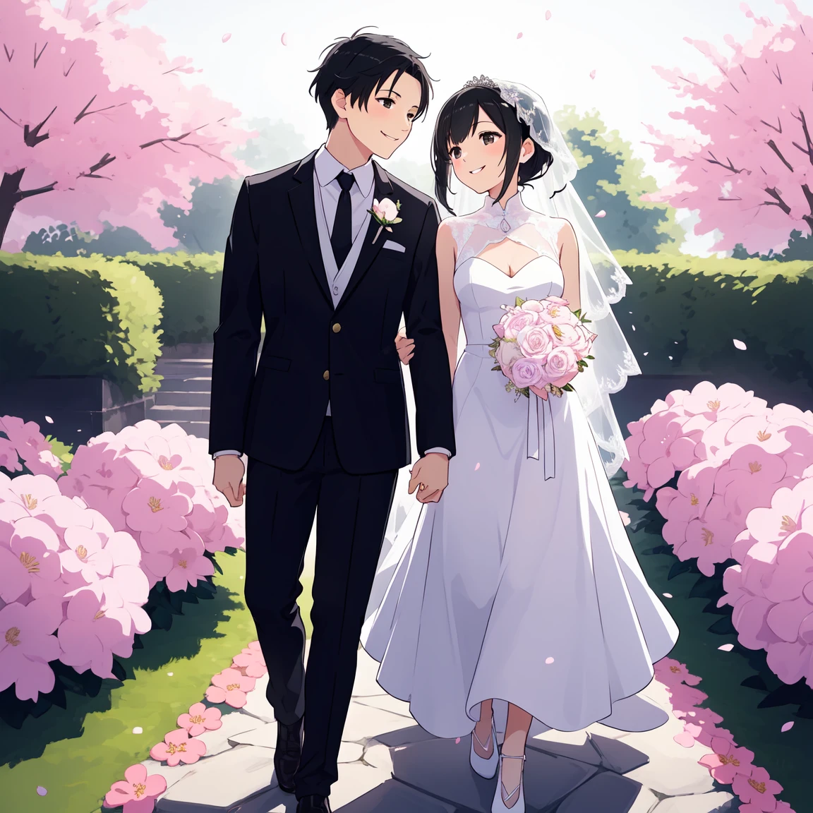 Beautiful wedding scene, two characters, both standing, full body view, groom with black hair styled like Loid from Spy x Family, wearing a black blazer, bride in an elegant white dress with an Islamic hijab, both smiling happily, stunningly beautiful faces, joyful expressions, romantic background in a sakura garden with blooming flowers and soft lighting