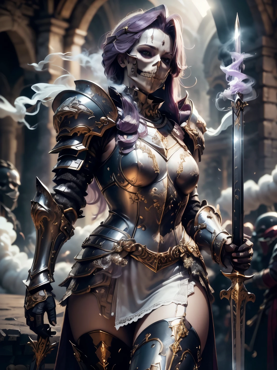 (Masterpiece, Superb Detail, Super Detailed, High Resolution), Male Focus, (((Female Armor))), (((Armor Dress Set))), (((Skull Mask))), (She Has Long Purple Hair, Medium Breasts, Slim, perfect body, beautiful face), look at viewer, (((white panty))), (((holding smoke sword))), City Ruins, Background Details, Solo