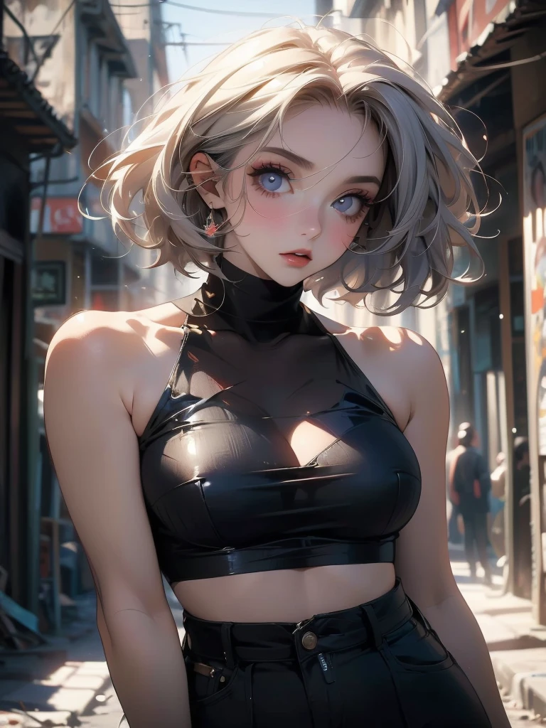 (masterpiece, High resolution, highest quality), ((20 year old woman, Composition from head to stomach, Upper body focus)), fashion pose, detailed eyes, Avant-garde makeup, messy short hair:1.2, ash gray hair, grunge fashion, blurred background, The deserted backstreets of Cuba:1.3, cinematic lighting, anime style, simple lines, digital painting,