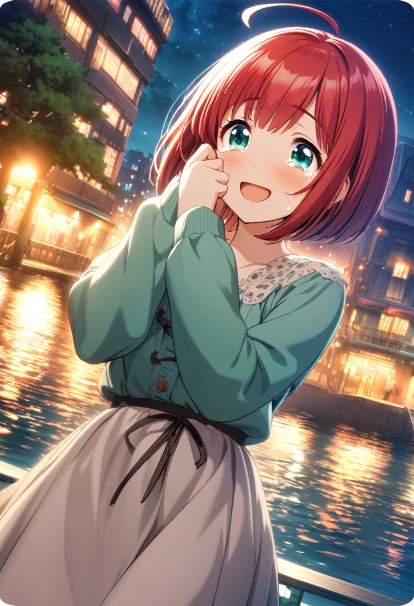 game cg,1girl,rubyred hair,bowlcut hair,half circle ahoge,blue green eyes,tareme,((happy tears)),smile,((tears)),wiping tears ,night,water front,