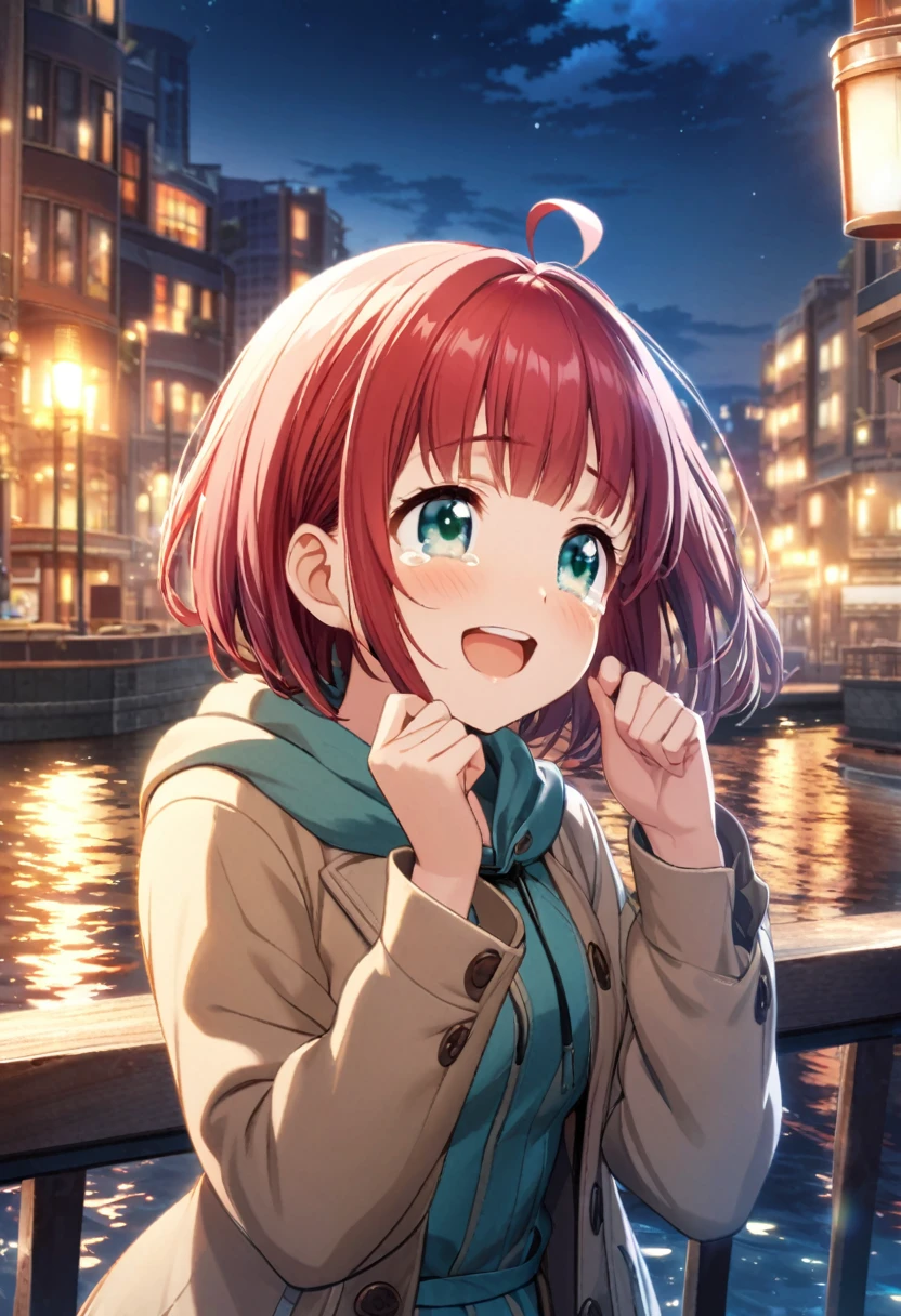 game cg,1girl,rubyred hair,bowlcut hair,half circle ahoge,blue green eyes,tareme,((happy tears)),smile,((tears)),wiping tears ,night,water front,