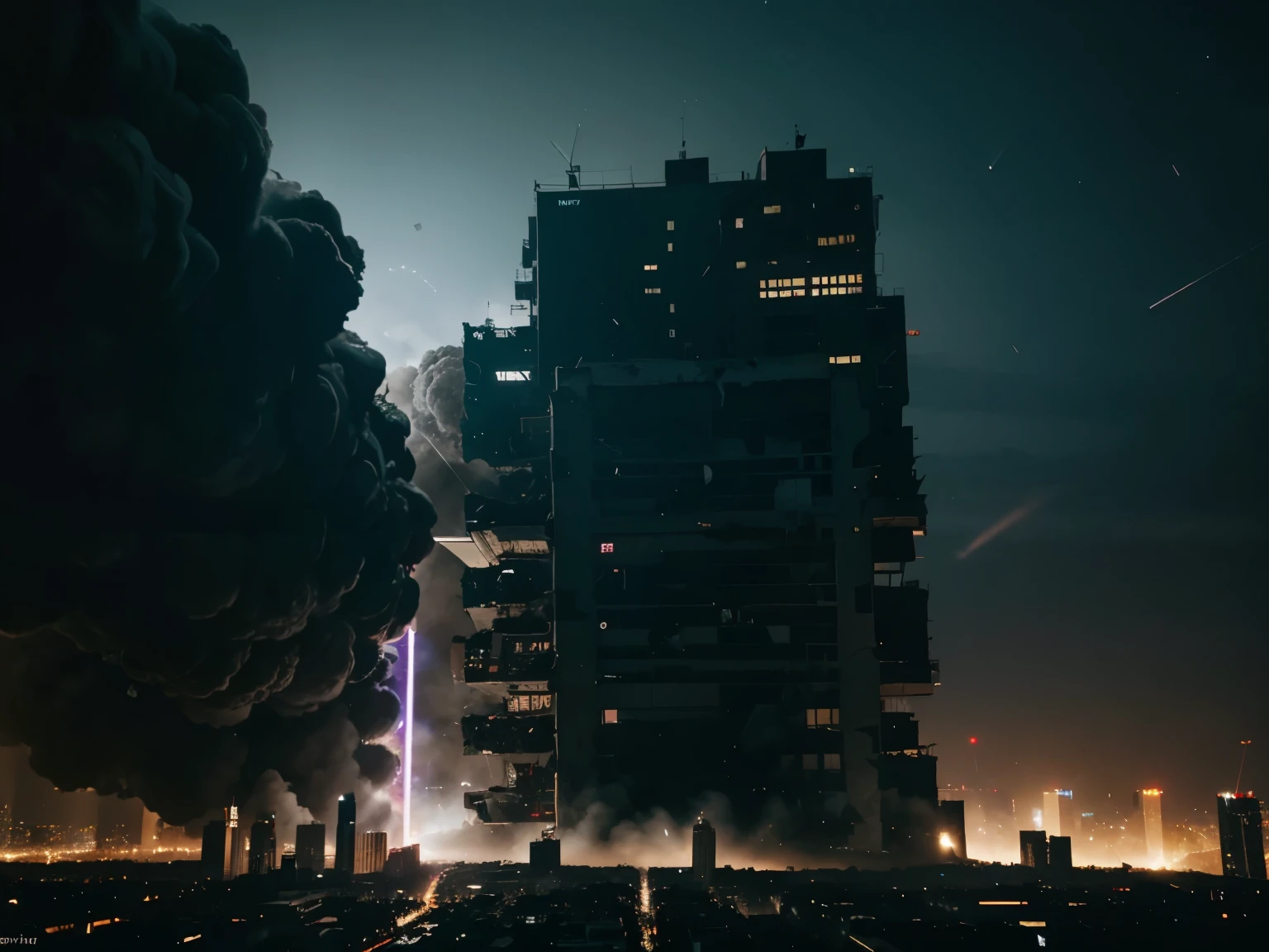 The x-ray is falling down the city, the city is destroying, night, 4k