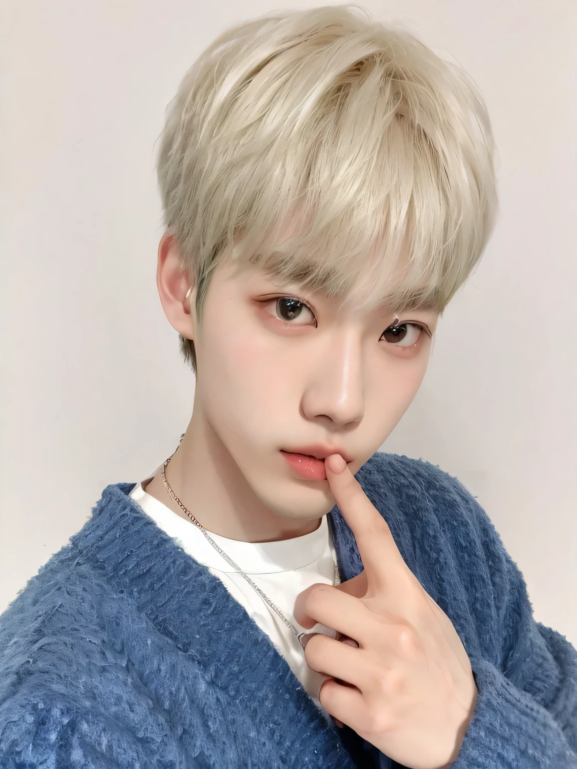 un primer plano de una persona con un dedo en los labios, cai xukun, kim doyoung, hyung tae, jinyoung shin, con pelo corto, Hong June Hyung, pintar ulzzang, Jung Jaehyun, pale korean adorable face, jaeyeon nam, foto de perfil en la cabeza, kim taejin, hyung tae kim, con el pelo corto y blanco, diez lee, Jaemin from NCT