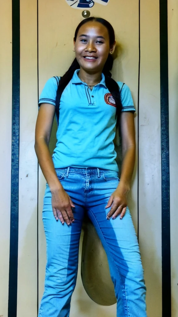 (pp clothes), from forehead, Indonesia school girl, waiting in line, front toilet door, peeing jeans