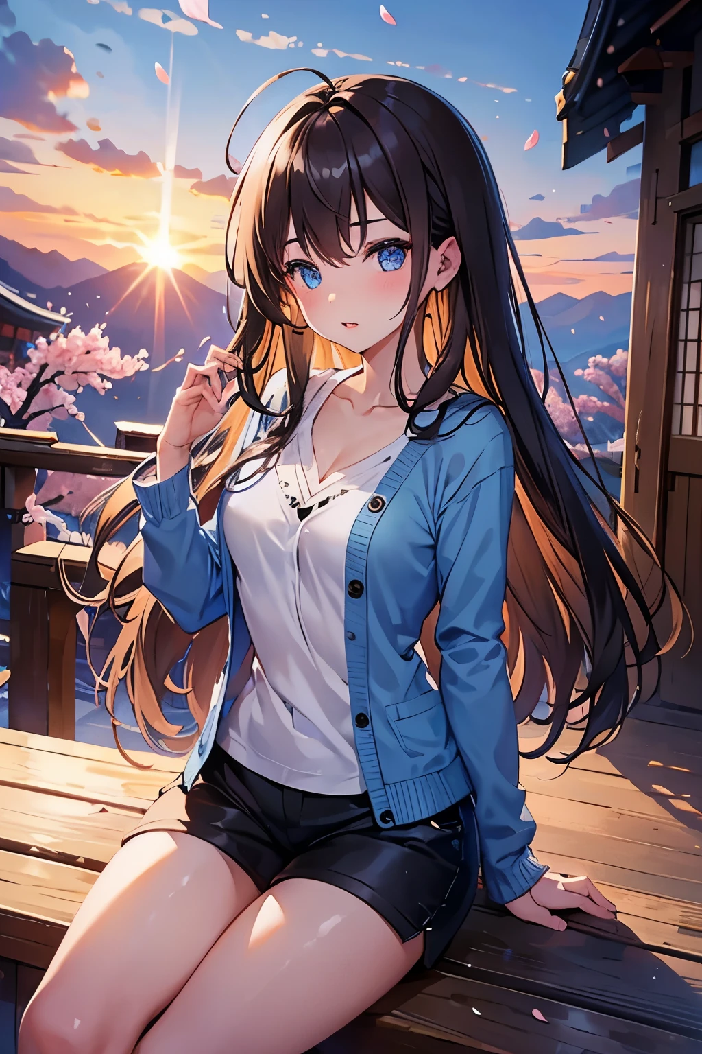 1 female、whole body、lower angle、Brown Hair、Long Hair、Well-groomed face、Thick lips、blue eyes、Blue cardigan、valley、slim、Black shorts、cherry blossoms、cherry blossoms吹雪、petal、Hot Spring Town、old buildings、sunset、masterpiece、Ultra-high resolution、delicate、Perfect lighting、sunlight、16k