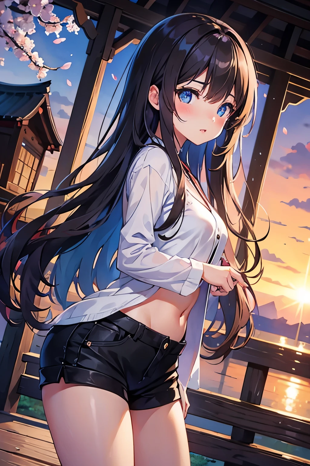 1 female、whole body、lower angle、Brown Hair、Long Hair、Well-groomed face、Thick lips、blue eyes、Blue cardigan、valley、slim、Black shorts、cherry blossoms、cherry blossoms吹雪、petal、Hot Spring Town、old buildings、sunset、masterpiece、Ultra-high resolution、delicate、Perfect lighting、sunlight、16k