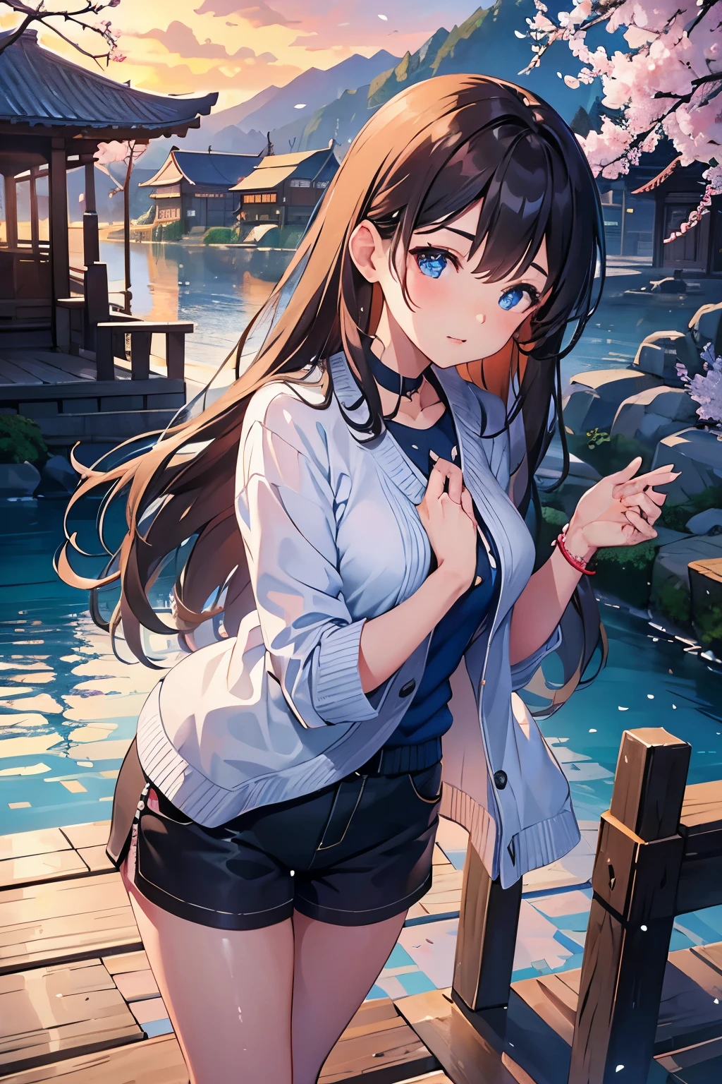 1 female、whole body、lower angle、Brown Hair、Long Hair、Well-groomed face、Thick lips、blue eyes、Blue cardigan、valley、slim、Black shorts、cherry blossoms、cherry blossoms吹雪、petal、Hot Spring Town、old buildings、sunset、masterpiece、Ultra-high resolution、delicate、Perfect lighting、sunlight、16k