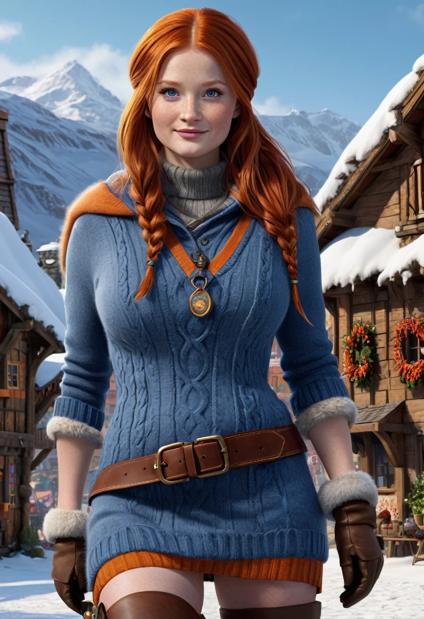 highly detailed full medium shot of pitfighter ginny weasley young bonnie wright, Beautiful breasts, huge breast, freckles, muscular, baby_blue eyes, big eyes, long straight orange red hair, cheeky smile, winter village, heavy winter clothes, boots, cinematic angle, modelshoot style, extremely detailed CG unity 8k wallpaper, Intricate, High Detail, Sharp focus, dramatic, photorealistic by midjourney ,incredibly absurdres, ultra detailed, high resolution, realistic lighting, photorealism, hyperrealism,masterpiece,vibrant colors,stunning visuals,ultra skin texsture,stable diffusion,perfect anatomy,crazy details