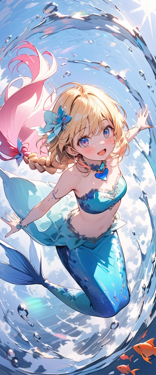 1female\((mermaid),lowerbody is fish,beautiful scale reflecting prism,beautiful tail fin reflecting prism,princes,cute,kawaii,age of 20,long braid hair,blonde,(singing a beautiful song:1,4),eye color ocean blue,big eyes,dynamic pose,open mouth loud,(looking up),under the sea,happy,wearing beautiful heart neck tube top,(music notes around),(full body:1.6)\), BREAK ,background\((under the beautiful clean sea),beautiful fishes,\), BREAK ,quality\(8k,wallpaper of extremely detailed CG unit, ​masterpiece,hight resolution,top-quality,top-quality real texture skin,hyper realisitic,increase the resolution,RAW photos,best qualtiy,highly detailed,the wallpaper,cinematic lighting,ray trace,golden ratio\),,landscape,[nsfw]