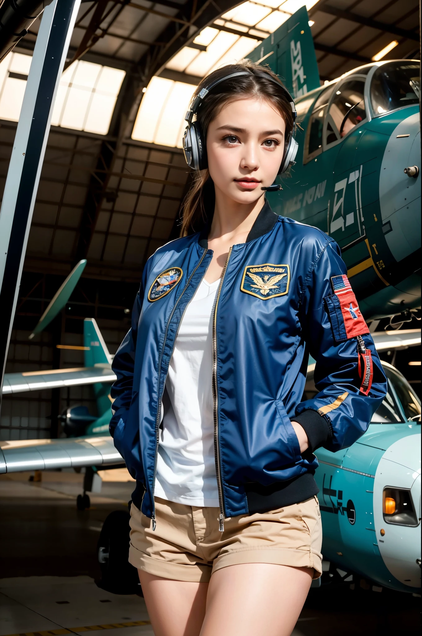 Best quality, ((insanely Realistic RAW photo)), professional photograph, intricate composition, an extremely delicate and beautiful, ultra high res, professional natural lighting and shading, ((Realistic image of a extremely pretty female Aircraft mechanic, solo)), Inside a spacious Aircraft hangar, Vintage airplanes of the World War II era line the background, (Wearing a MA-1 Flight Jacket), (Wearing a headset), (wearing short pants), faint smile, She does aircraft maintenance, very professional mechanic, ((extremely beautifully detailed eyes and face)), ((insanely beautiful natural skin texture)), (Accurate eyes), Accurate hands, Well-balanced overall body