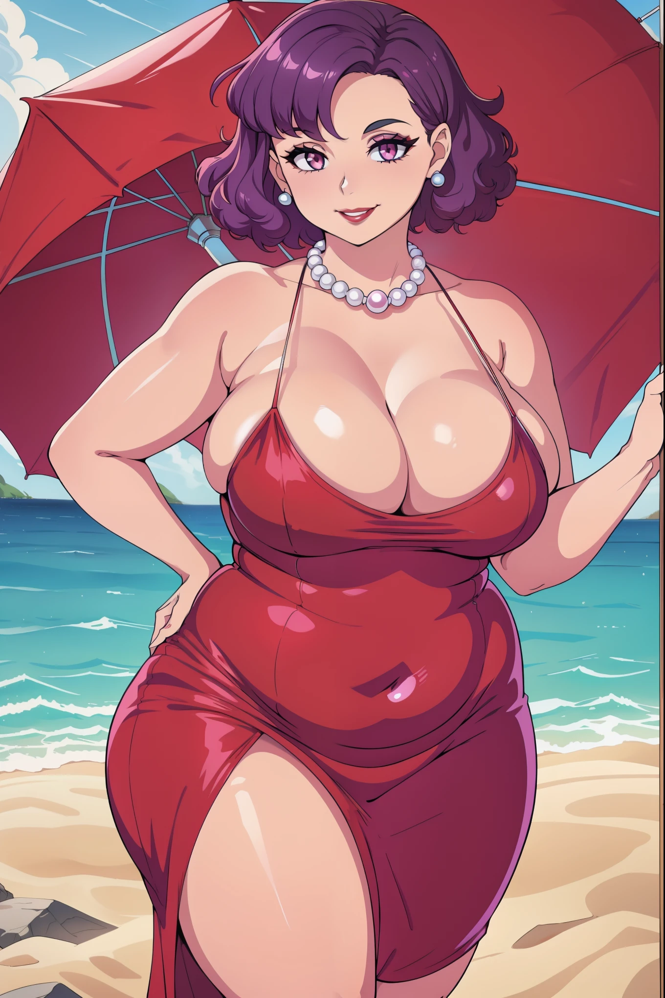 Short bob haircut, Windswept Messy Bob purple Hair, eyeliner, (red dress), lipstick, (light blue pearl necklace), smiling, looking at viewer, sexy, cleavage, milf, mature, tan skin,