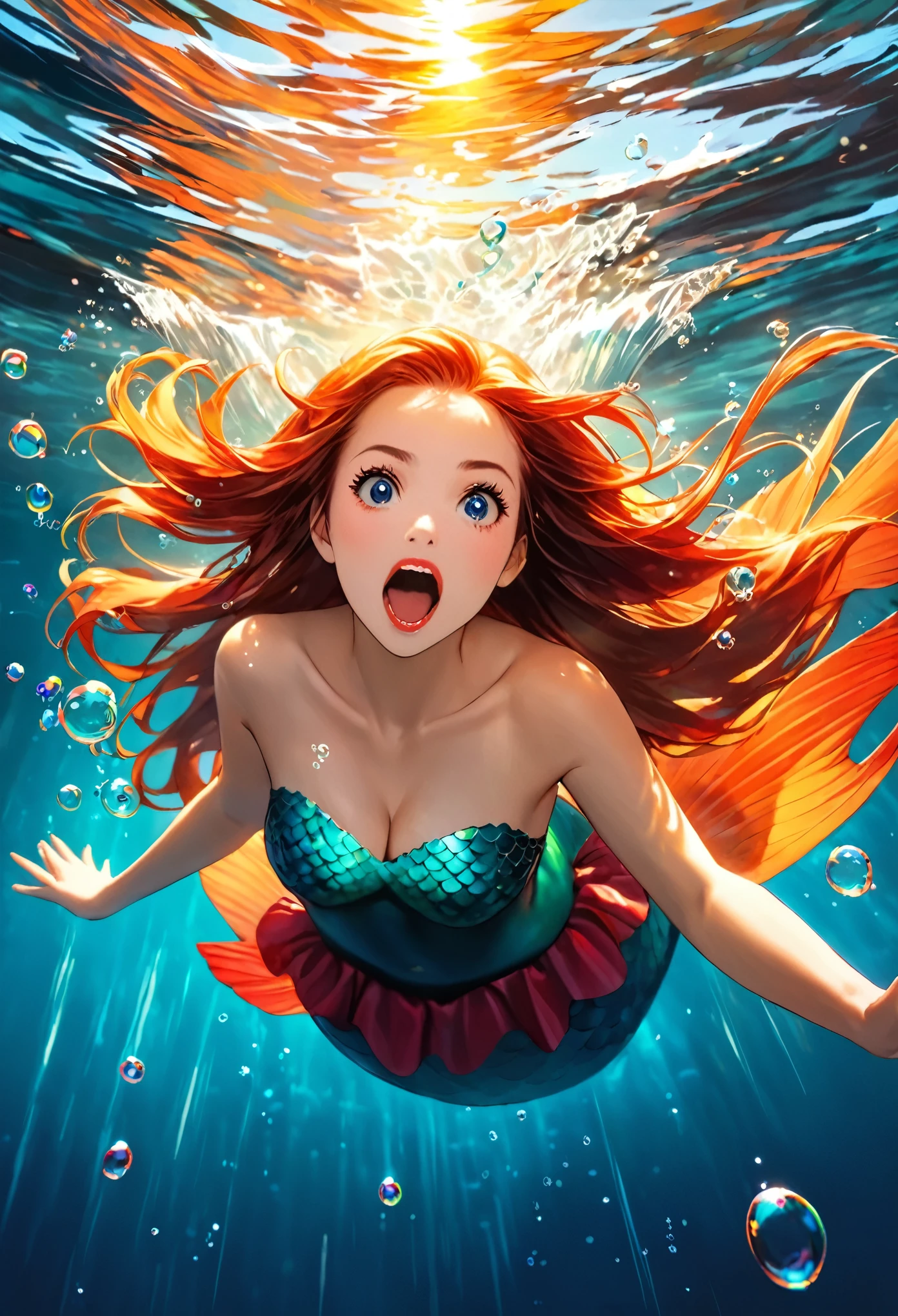 a mermaid swimming towards the viewer, panicked expression, open mouth screaming, beautiful fish tail, beautiful long hair, bubbles, tyndall effect, speed lines, front view, masterpiece, high quality, dramatic lighting, vivid colors, surreal atmosphere, cinematic composition