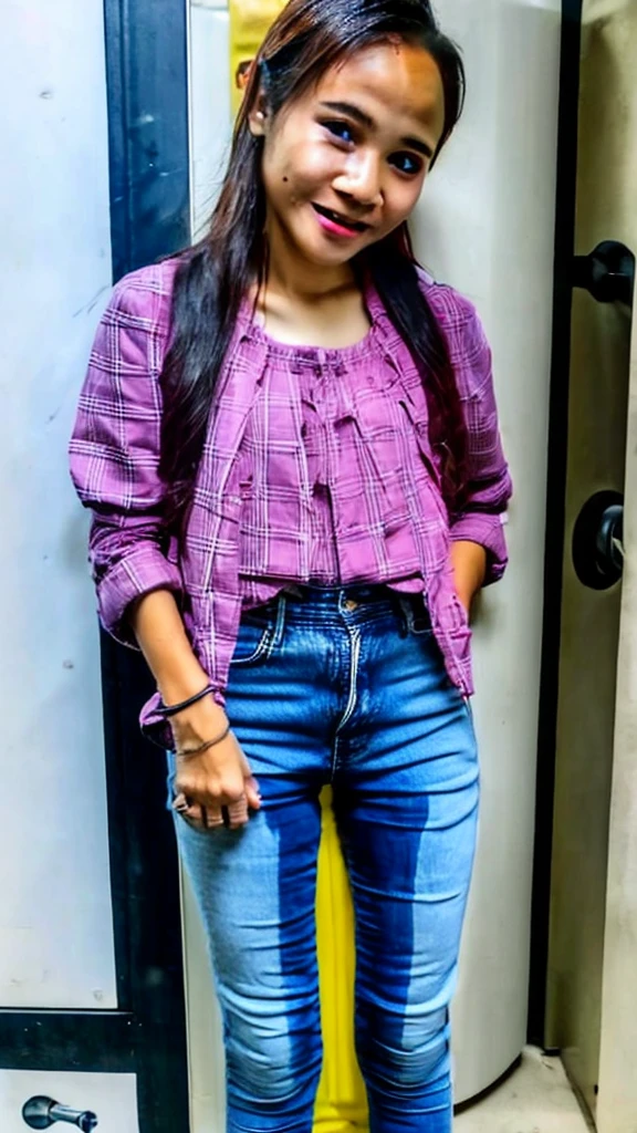 (pp clothes), from forehead, Indonesia school girl, waiting in line, front toilet door, peeing jeans