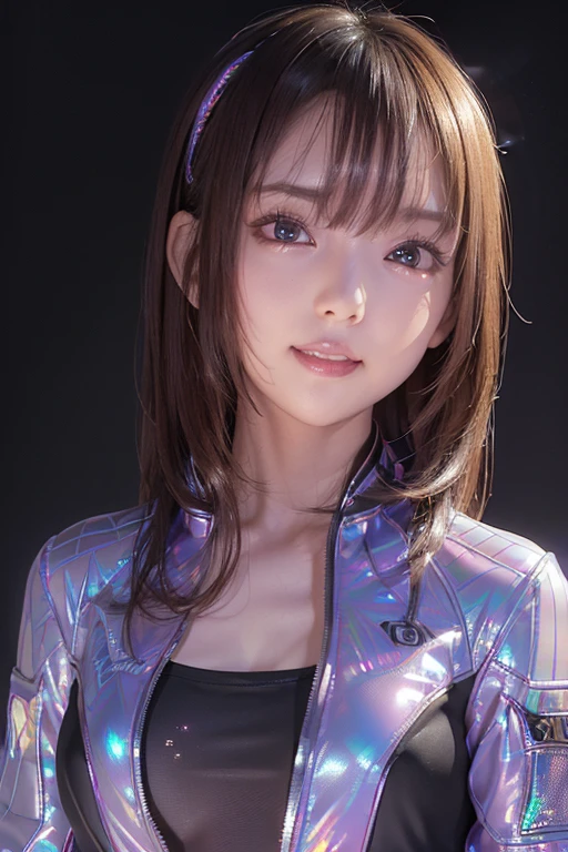 (masterpiece, highest quality, Very detailed, Detailed face, 8k)、smile、One Girl,, , ((( Iridescent opaque jacket:1.3, , Holographic:1.23))), , Extremely detailed clarity, (Symmetrical eyes:1.3), , , , , ,, Parted bangs, , , (Eye and facial details:1.0), , slim、Flat body、cute、、Small breasts、Jet black background、(((Ｂ1 cup chest.8)))、(((Skinny 1.7)))、(((Small breasts 1.9)))、(((19-year-old female)))、(((Ａ1 cup chest.2)))、(((Suren 1.7)))、(((Small breasts 1.5)))、(((Overall 1.5)))、(((Whole body 1.5)))、(((9:1.8))),