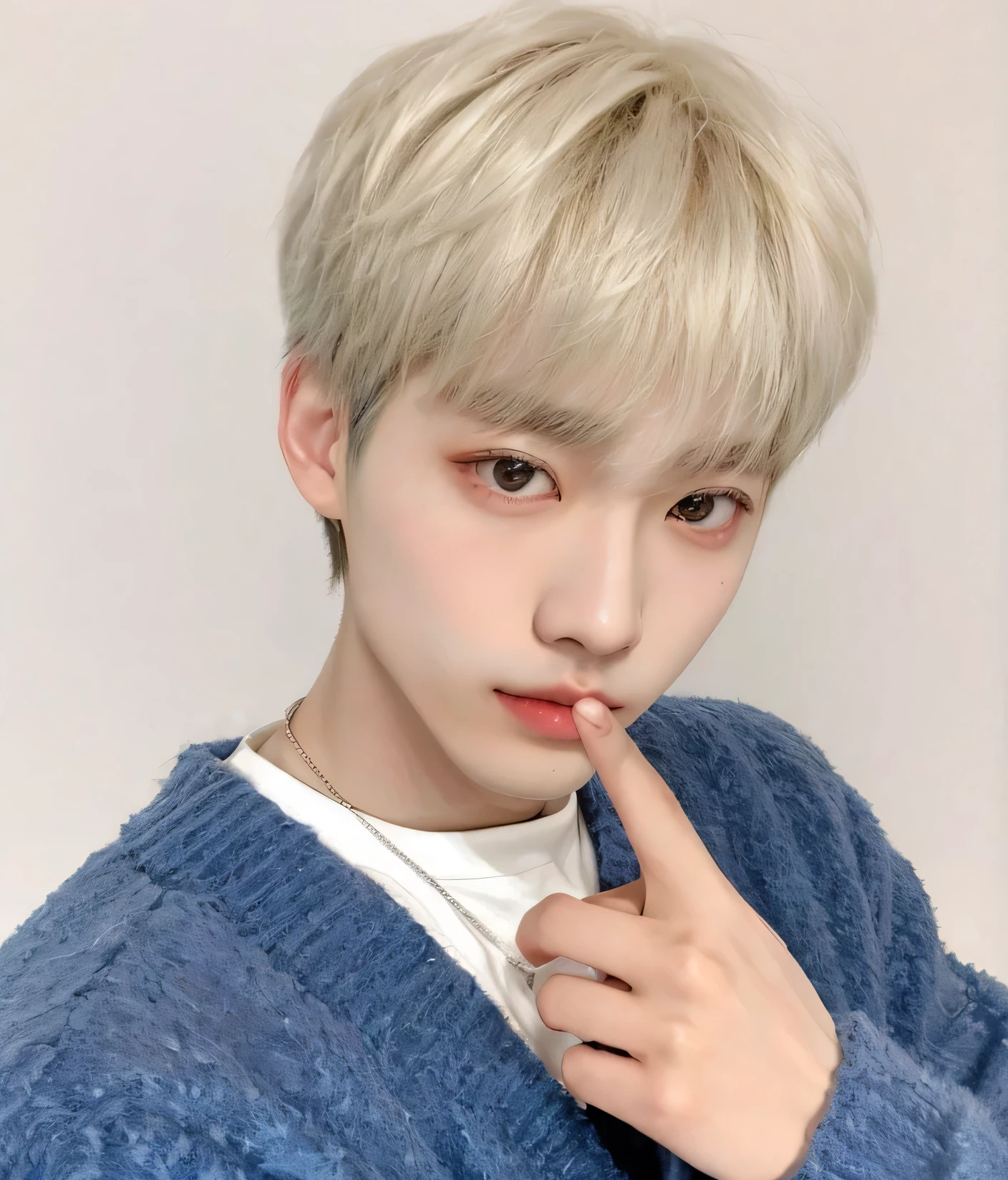 un primer plano de una persona con un dedo en los labios, cai xukun, kim doyoung, hyung tae, jinyoung shin, con pelo corto, Hong June Hyung, pintar ulzzang, Jung Jaehyun, pale korean adorable face, jaeyeon nam, foto de perfil en la cabeza, kim taejin, hyung tae kim, con el pelo corto y blanco, diez lee, Jaemin from NCT