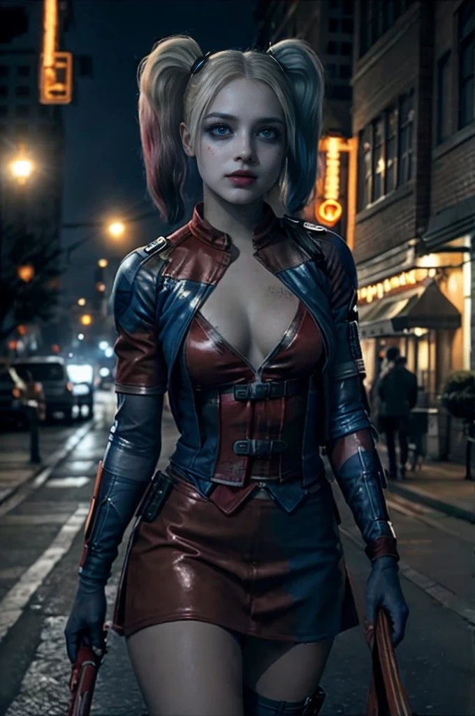 HarleyQuinn, light blue eyes, (best quality,ultra-detailed),(Realistic:1.37), beautiful and detailed face, Ultra-realistic texture, delicate face, athletic body, vivid colors. High definition, 8K