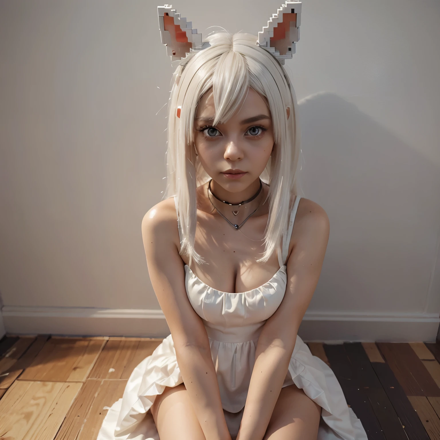 Voxels,（3D Big Pixel Art）, （3D Pixel Art）,Ci,Large pixels solo,1 girl,(3D Pixel Art),white hair,long,hair,rabbit ear,white dress,holding carrot,red eyes,big eyes,skin color white,sitting down,(3D Pixel Art)（3D Pixel Art）art anime digital gothi demond girl todo en pixel retro