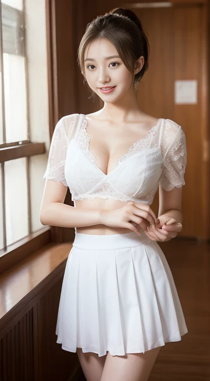 Very detailed 8k wallpaper)、sharp focus、in detail、Drama、Delicate and beautiful 、sixteen years old、Sheer white shirt、translucent material、short pink miniskirt、ponytail hair、short bob hair, crystal clear earrings、hair adornments、Beautiful and sexy、naughty smile、solo、large round breasts 、Beautiful graphics、Bright school building、Full of students、clean legs、head to knee