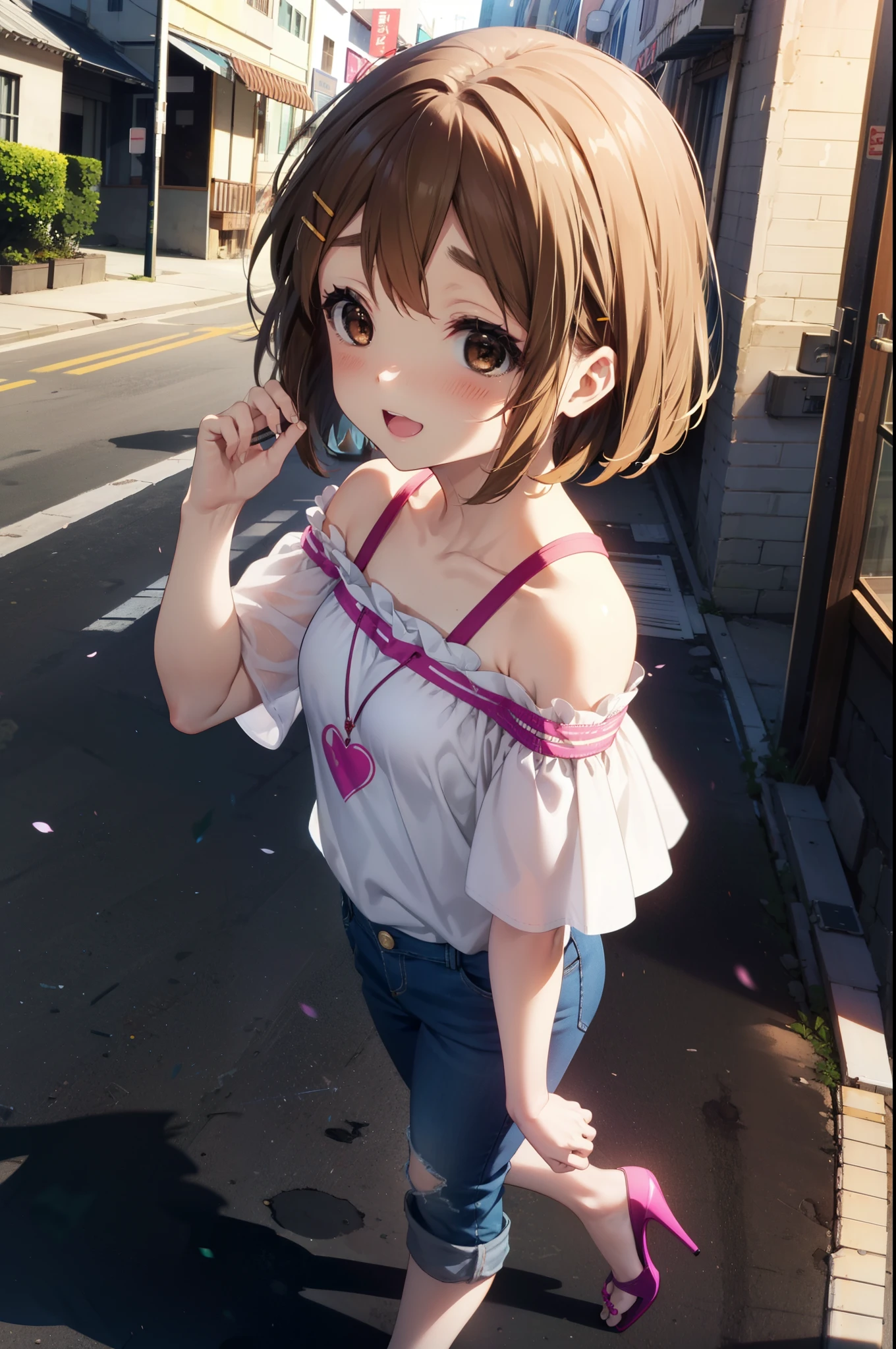 yuihirasawa, Yui Hirasawa, short hair, Brown Hair, hair ornaments, (Brown eyes:1.5), Hair Clip,happy smile, smile, Open your mouth,
hair band,Cord off-shoulder top,Short sleeve,skinny pants,Stiletto heels,morning,morning陽,The sun is rising,walk,whole bodyがイラストに入るように,Looking down from above,
break outdoors, city,construction area,
break looking at viewer, whole body,
break (masterpiece:1.2), highest quality, High resolution, unity 8k wallpaper, (shape:0.8), (Beautiful details:1.6), Highly detailed face, Perfect lighting, Extremely detailed CG, (Perfect hands, Perfect Anatomy),