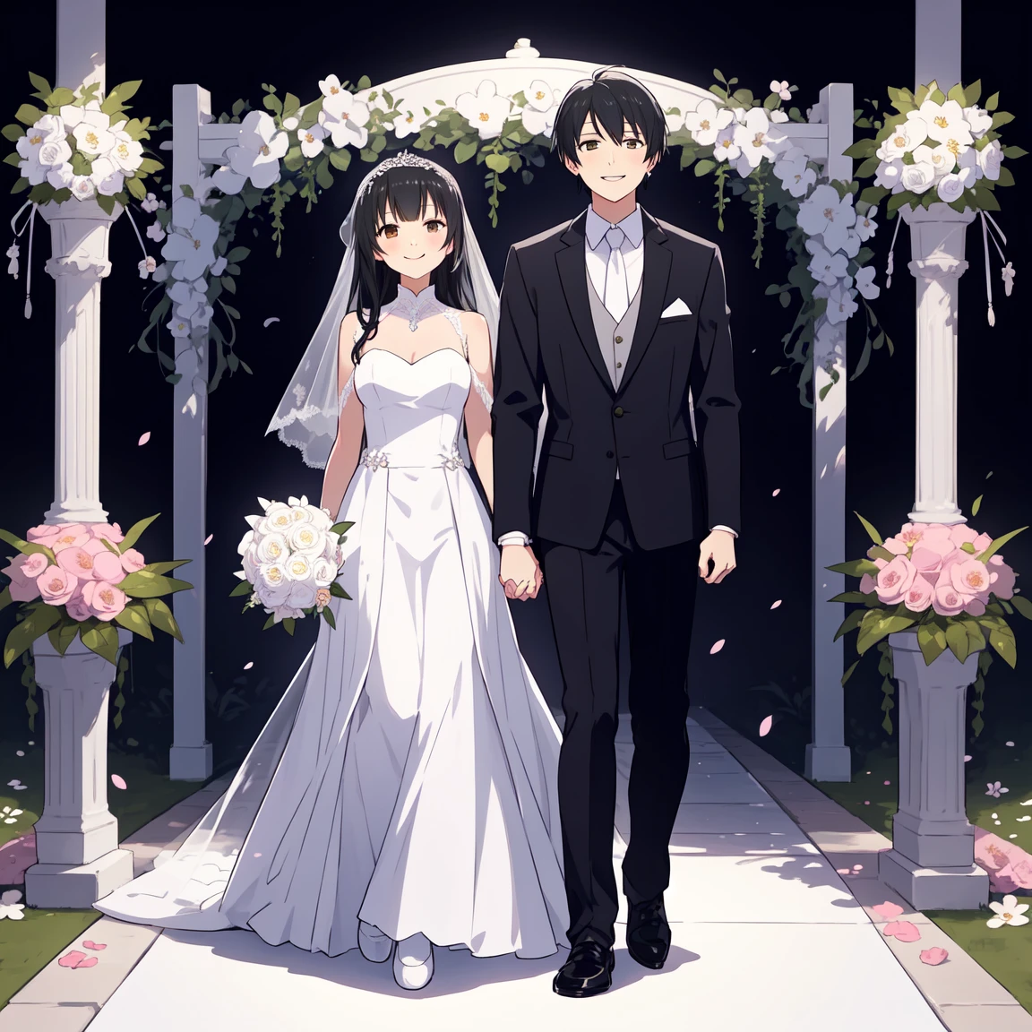 Beautiful wedding scene, two characters, both standing, full body view, groom with black hair styled like Loid from Spy x Family, wearing a black blazer, bride in an elegant white dress with an Islamic hijab, both smiling happily, stunningly beautiful faces, joyful expressions, romantic background in a sakura garden with blooming flowers and soft lighting