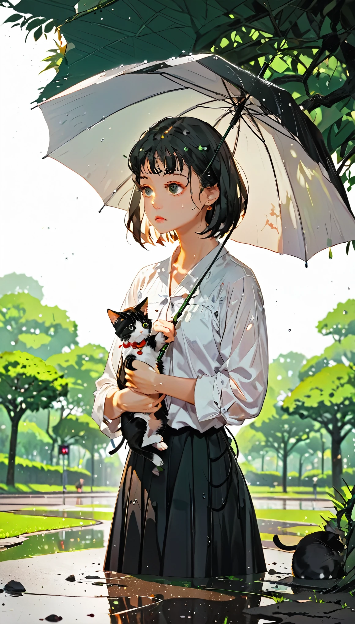 paper cutting style, 1 girl, black short hair, wearing white shirts and black skirt, Under

The rain has lessened, and the girl is standing in the park, holding the kitten and looking into the distance. She appears conflicted about what to do next. The kitten looks up at her with trustful eyes. The background shows the park starting to clear up, with wet ground and hints of sunlight.