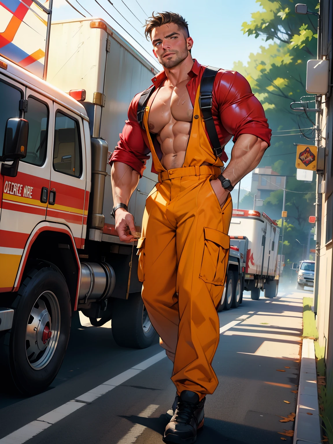 32k,masterpiece, best quality, face, natural eyes, 1man, macho hunk  man,, muscled and mature, stephen amell as a firefighter wearing totally unbuttoned firefighter overall, sweating, tight cloth showing his muscles  , full body , background station , truck , equipment 