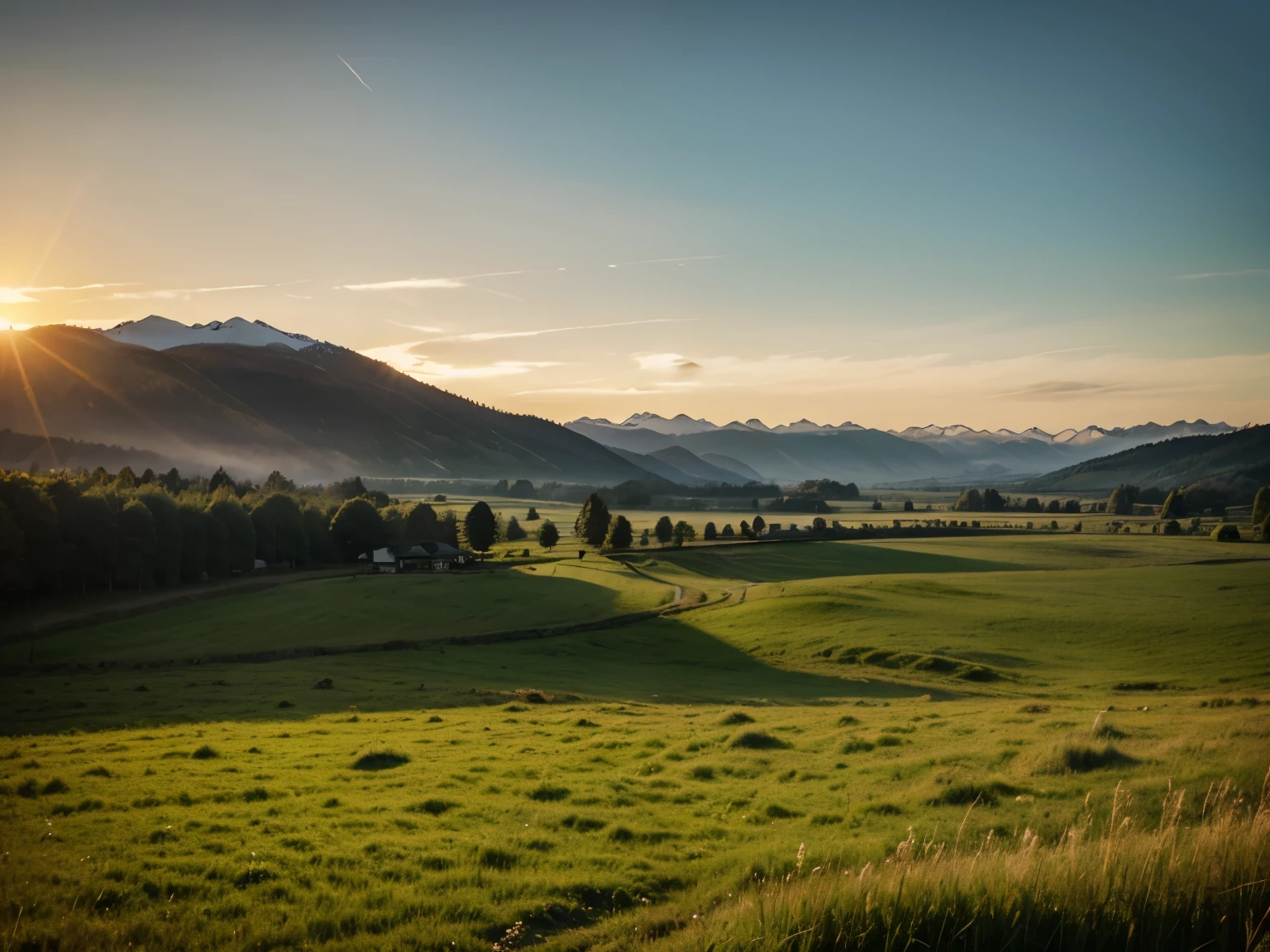 The sun is rising brightly, the horison is shining, grassland, trees, mountains,