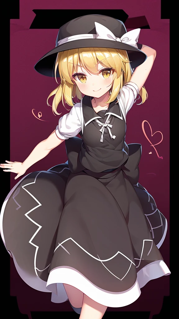 1girl, , , masterpiece, best quality, 10 years old, medium blode hair, forehead visible bags, yellow eyes, hat, heart, black headwear, puffy short sleeves, log black skirt, heart hads,,1girl, solo, yellow eyes, yellow hair, bow, hat bow, socks, black footwear, black skirt, short sleeves, yuki (touhou), black vest, white sleeves, frill skirt, light smile,