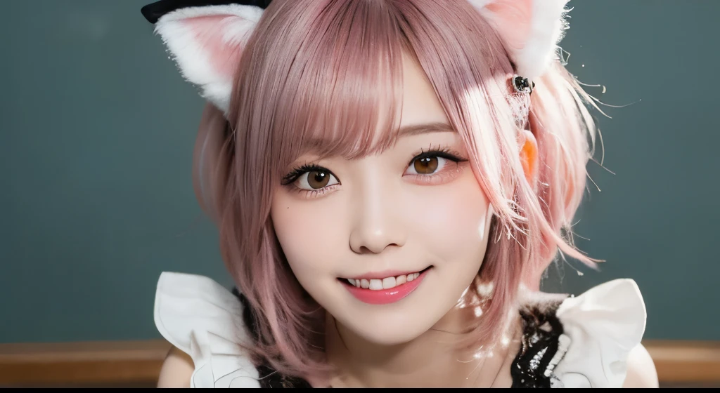 Tabletop, highest quality, figure, Super detailed, Fine details, High resolution, 8k wallpaper, Perfect dynamic composition, Cat ear,白いCat ear,白色のCat ear,Pink Hair,ショッキングPink Hair,濃いPink Hair,Gray Eyes,smile,Double teeth,tooth,Kiva,Sharp teeth,Heart stickers around the eyes,Heart-shaped mole near the eye,White ribbon and lace hair ornament