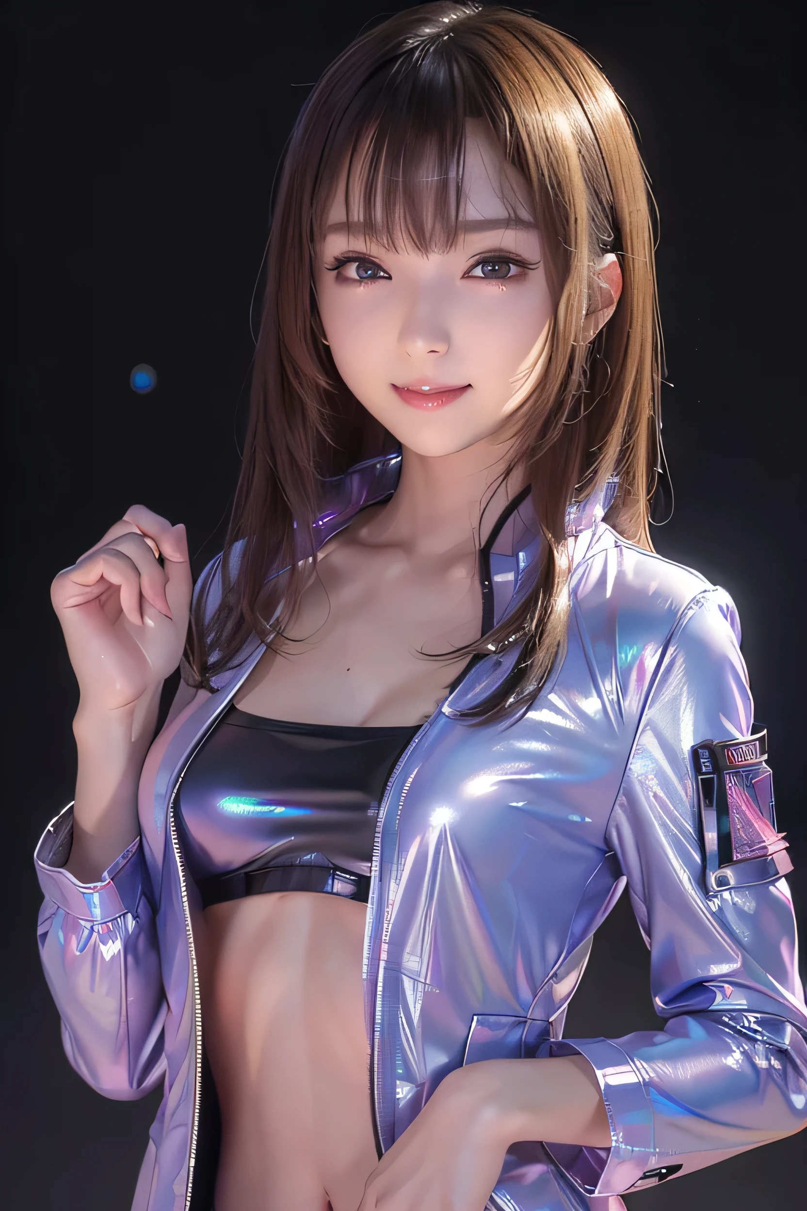 (masterpiece, highest quality, Very detailed, Detailed face, 8k)、smile、One Girl,, , ((( Iridescent opaque jacket:1.3, , Holographic:1.23))), , Extremely detailed clarity, (Symmetrical eyes:1.3), , , , , ,, Parted bangs, , , (Eye and facial details:1.0), , slim、Flat body、cute、、Small breasts、Jet black background、(((Ｂ1 cup chest.8)))、(((Skinny 1.7)))、(((Small breasts 1.9)))、(((19-year-old female)))、(((Ａ1 cup chest.2)))、(((Suren 1.7)))、(((Small breasts 1.5)))、(((Overall 1.5)))、(((Whole body 1.5)))、(((9:1.8))),