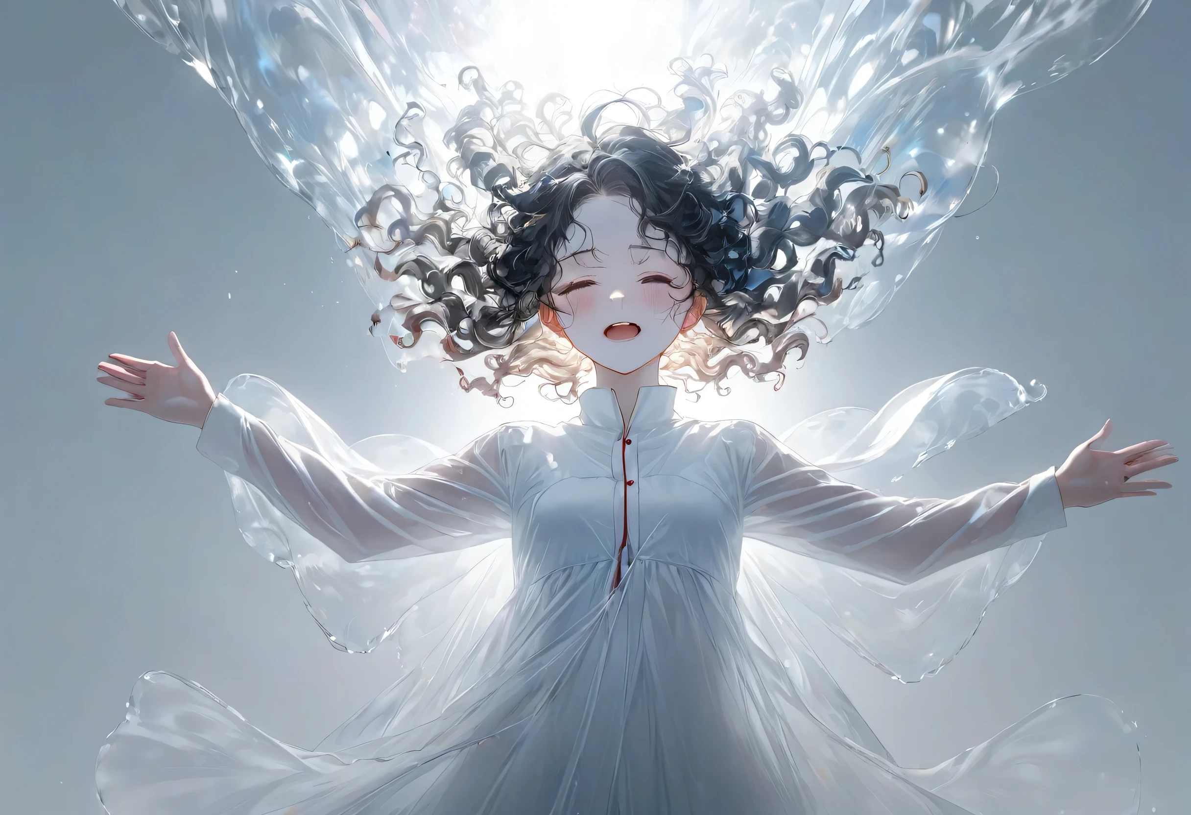 (double exposure:1.2 white-silhouette:1.4) (solo curly:1.3 hair long hairl princess girl, closed soft eyes with tears:1.4, crying:1.3 face), (open arms with blood), (in a long exposure:1.4 light:1.4 body), BREAK, (float in the white), (master piece, best quality, 16k).