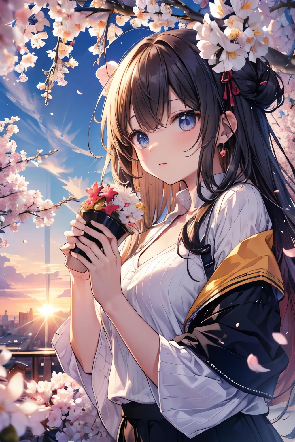(((masterpiece、Ultra-high resolution、delicate、Perfect lighting、sunlight、16k)))1 female、whole body、lower angle、Brown Hair、Long Hair、Well-groomed face、Thick lips、blue eyes、Blue cardigan、valley、slim、Black shorts、cherry blossoms、cherry blossoms吹雪、petal、Hot Spring Town、old buildings、sunset、