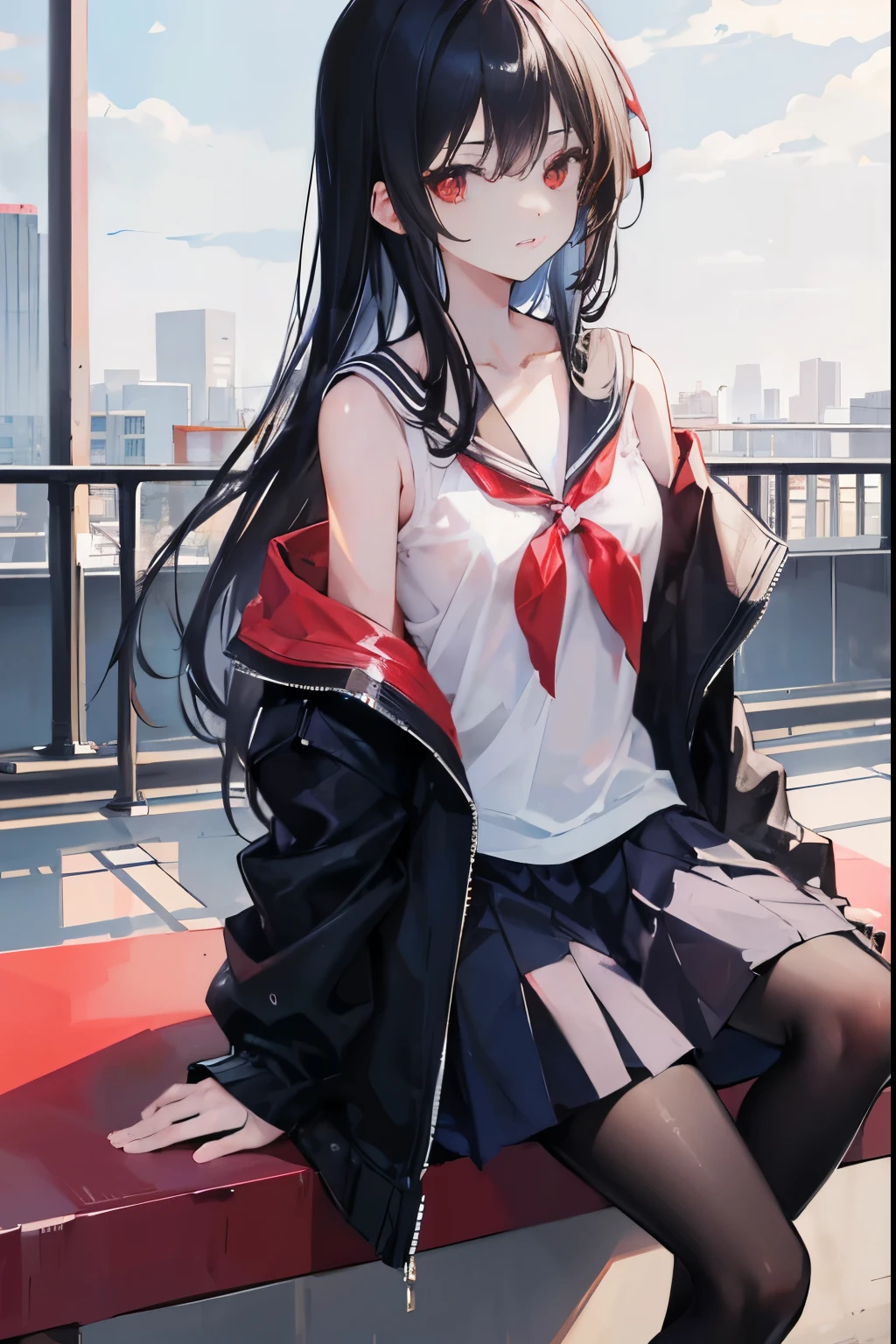 "anime girl, 1 person, black hair, slightly shoulder-length hair, red eyes, a small strand of hair on top of her head, women's shirt, wearing a women's jacket over it, school uniform  , small breasts, leather shoes, expressionless face, cold face, viewed from many different directions, on the school rooftop, (full HD 4K+ image)"