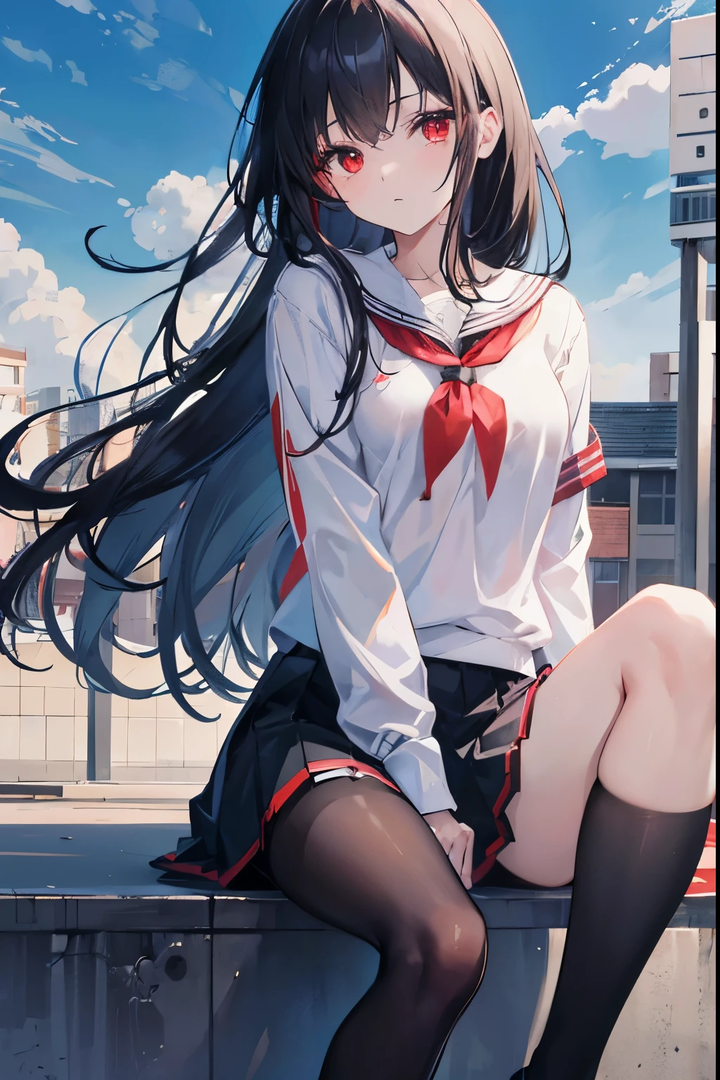 "anime girl, 1 person, black hair, slightly shoulder-length hair, red eyes, a small strand of hair on top of her head, women's shirt, wearing a women's jacket over it, school uniform ,petite body , small breasts, leather shoes, expressionless face, cold face, viewed from many different directions, on the school rooftop, (full HD 4K+ image)"