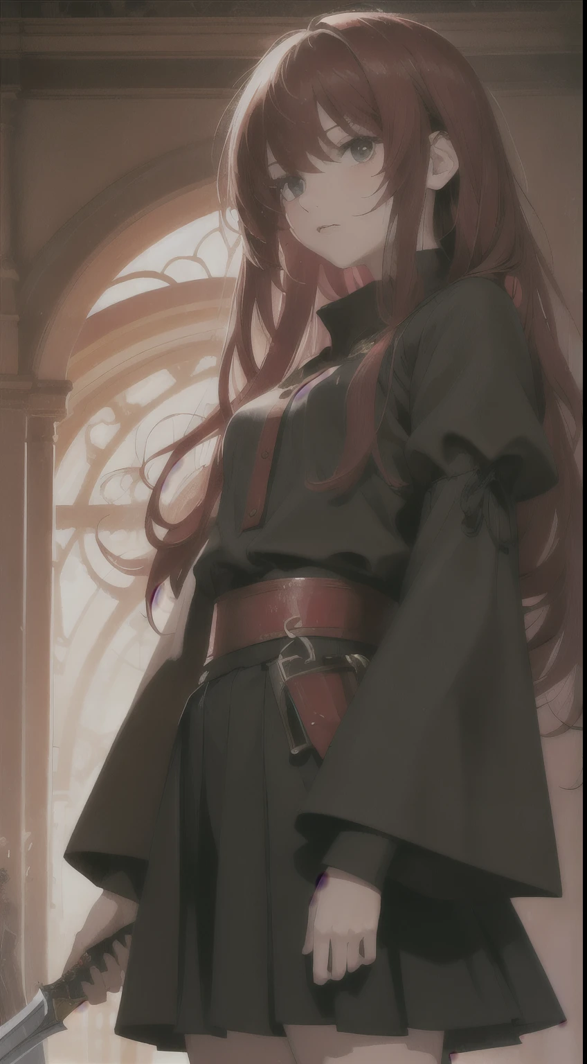 masterpiece, best quality, Ultra-high quality CG, Elijah I, 1 girl, Solitary, Red long hair, Looking at the audience, skirt, Wide sleeves, black skirt, Blood-red, wielding a sword, frenzy, blood, red