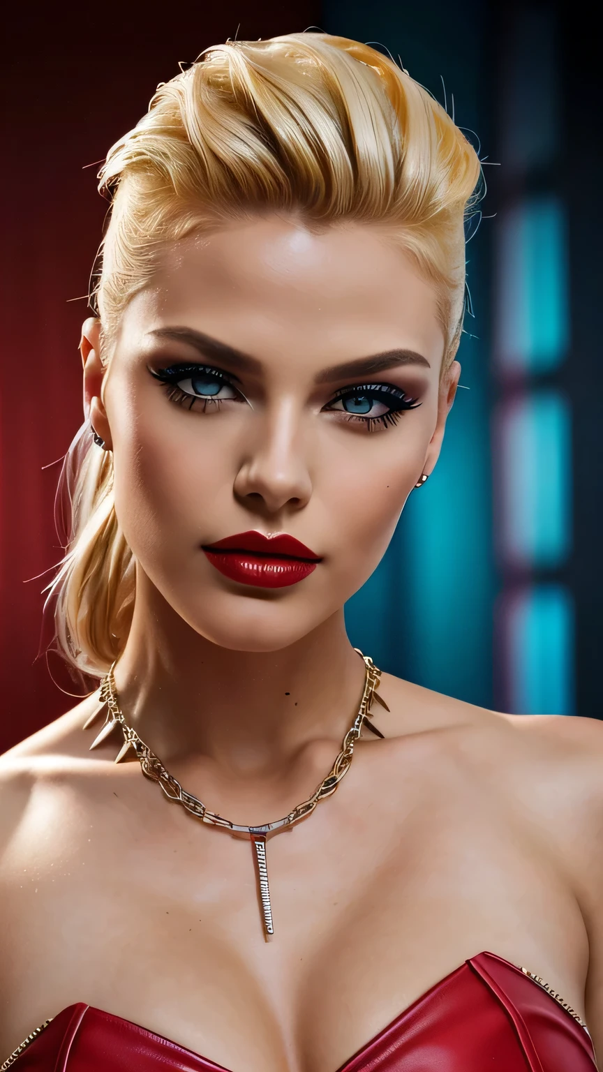 Red Makeup, Red lipstick, Slicked back blonde hair, Detailed face, Detailed lips, Fine grain,Model Girl, Professional:1.6, (最high quality, 4K, 8k, High resolution, masterpiece:1.2),Ultra-detailed, Realist, Punk Style, fashion punk, ((Upper body portrait)), Spiked clothing, Chain Accessories, Rebel pose, Mohawk Alto, Rainbow Hair, flashy, Nervous background, Studio Lighting, Dynamic pose and elegant､masterpiece, 最high quality, high quality, High resolution, (((Upper body portrait)))､Super big 