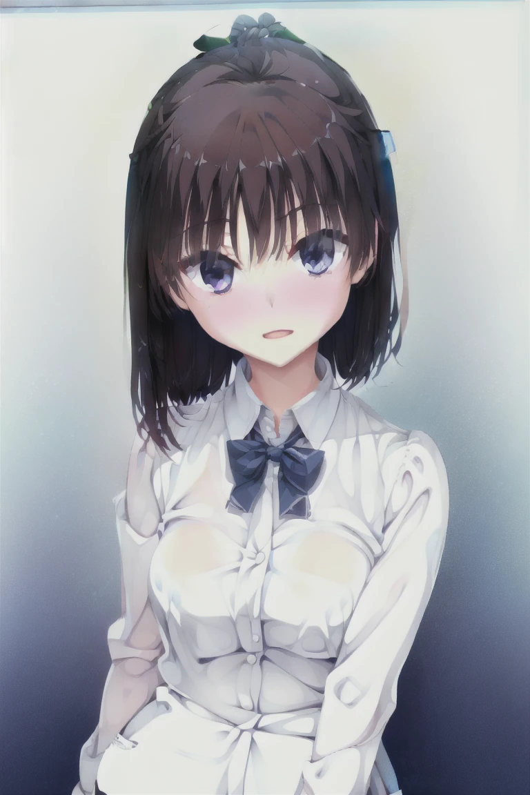 Female student,18-year-old,Short black hair,ターコイズブルーのeye,JK ,White clothes,Blue ailor suit,Are standing,detailedな指,White wall,expensive_solve, clear_image, expensive_Contrast, 8k, Sparkling, beautiful_detailed_face_and_eye, (Brown Hair:1.25), 白 eye,Black background