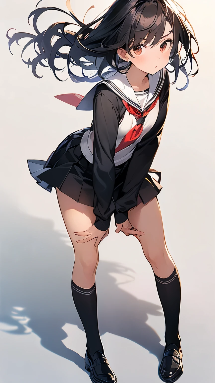 (masterpiece, best quality:1.2), Shader, High contrast, behind shot, 1girl, kawaii, (super big breasts, micro waist, very long legs:1.4), Firm , Black hair, short bob hair, short height, scrawny and thin body, Light Skin, cute big eyes, cute beautiful thin face, serafuku, pigeon-toed, wet and sweaty, visible ribs, Open pussy, sex with ejaculating super big penis Goblin, ugly big Goblin is huge hands and huge dick, Cowgirl position, she V sign, Trembling