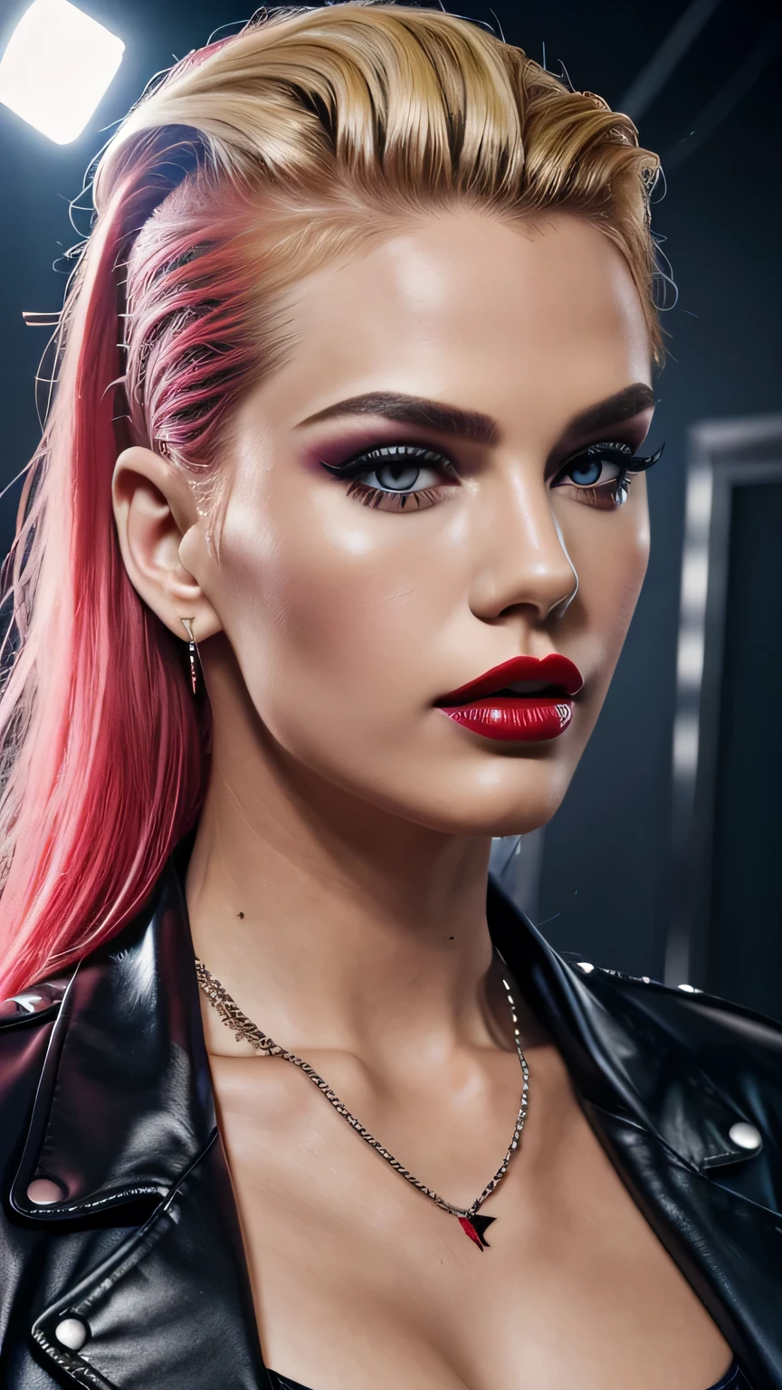 Red Makeup, Red lipstick, Slicked back blonde hair, Detailed face, Detailed lips, Fine grain,Model Girl, Professional:1.6, (最high quality, 4K, 8k, High resolution, masterpiece:1.2),Ultra-detailed, Realist, Punk Style, fashion punk, ((Upper body portrait)), Spiked clothing, Chain Accessories, Rebel pose, Mohawk Alto, Rainbow Hair, flashy, Nervous background, Studio Lighting, Dynamic pose and elegant、masterpiece, 最high quality, high quality, High resolution, (((Upper body portrait)))、Super big