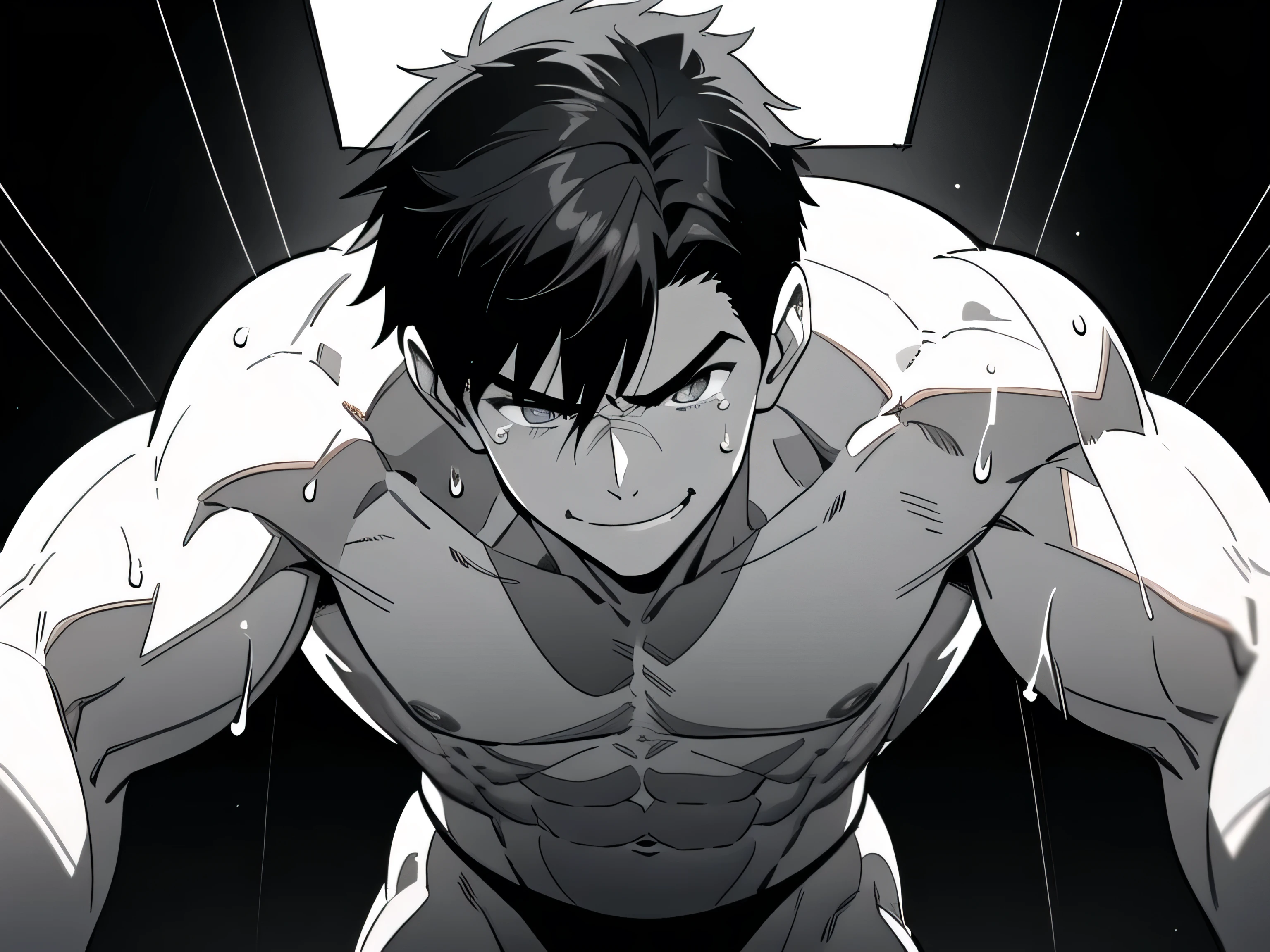 athletic male, (evil smirk), imminent sex, arms toward viewer, large pectorals, (sweating), tears, condensation on skin, (black thong), dark, square light above, ((black and white line art)), cocky smile, sexy, young, simple abs