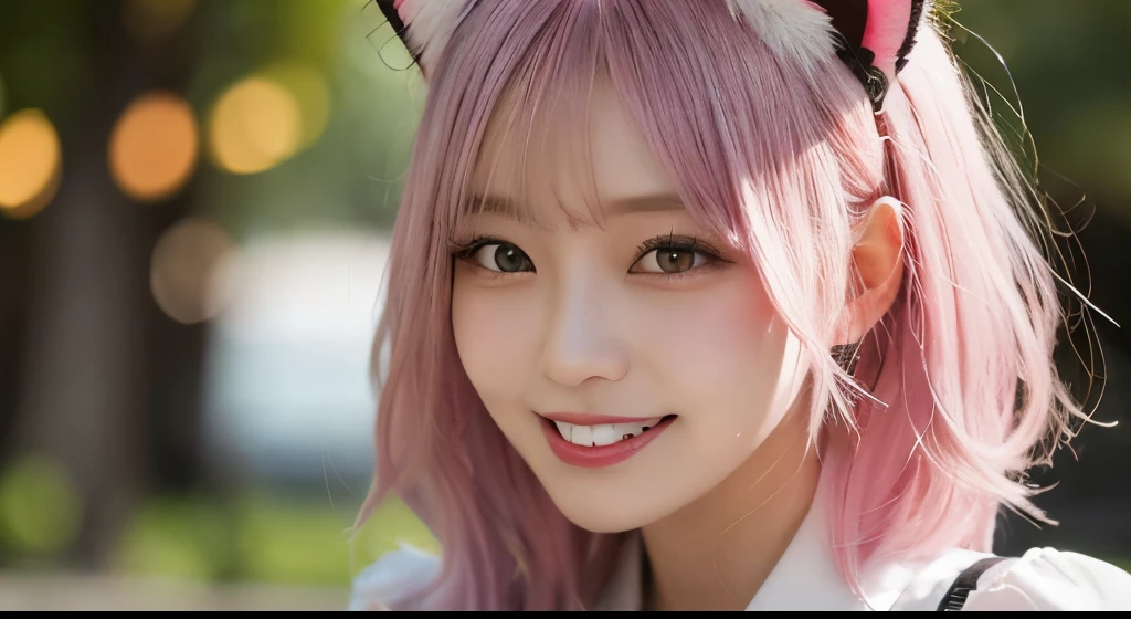 Tabletop, highest quality, figure, Super detailed, Fine details, High resolution, 8k wallpaper, Perfect dynamic composition, Cat ear,白いCat ear,白色のCat ear,Pink Hair,ショッキングPink Hair,濃いPink Hair,Gray Eyes,smile,Double teeth,tooth,Kiva,Sharp teeth,Heart stickers around the eyes,Heart-shaped mole near the eye,White ribbon and lace hair ornament