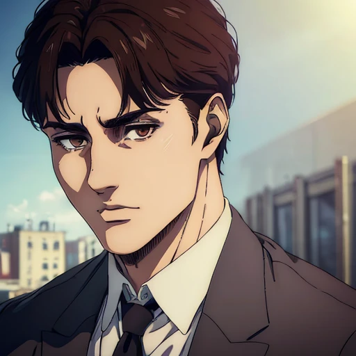 (best quality,4k,8k,highres,masterpiece:1.2),ultra-detailed,(realistic,photorealistic,photo-realistic:1.37), young male , mappa art style,  heart-shaped face,  brown eyes detailed, dark brown  hair with best hairstyle, he is slim, he looks handsome, sharp jawline, he is wearing grey suit, vibrant color, 