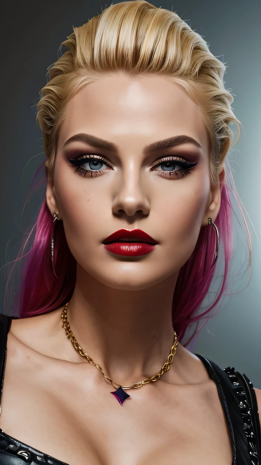 Red Makeup, Red lipstick, Slicked back blonde hair, Detailed face, Detailed lips, Fine grain,Model Girl, Professional:1.6, (最high quality, 4K, 8k, High resolution, masterpiece:1.2),Ultra-detailed, Realist, Punk Style, fashion punk, ((Upper body portrait)), Spiked clothing, Chain Accessories, Rebel pose, Mohawk Alto, Rainbow Hair, flashy, Nervous background, Studio Lighting, Dynamic pose and elegant､masterpiece, 最high quality, high quality, High resolution, (((Upper body portrait)))､Super big 