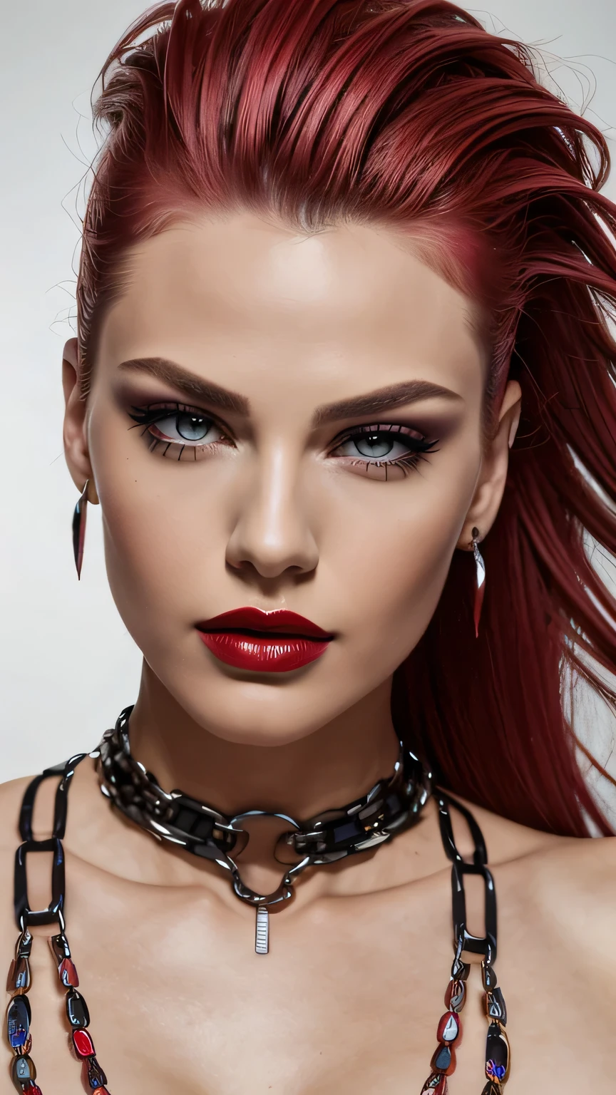Red Makeup, Red lipstick, Slicked back blonde hair, Detailed face, Detailed lips, Fine grain,Model Girl, Professional:1.6, (最high quality, 4K, 8k, High resolution, masterpiece:1.2),Ultra-detailed, Realist, Punk Style, fashion punk, ((Upper body portrait)), Spiked clothing, Chain Accessories, Rebel pose, Mohawk Alto, Rainbow Hair, flashy, Nervous background, Studio Lighting, Dynamic pose and elegant､masterpiece, 最high quality, high quality, High resolution, (((Upper body portrait)))､Super big 