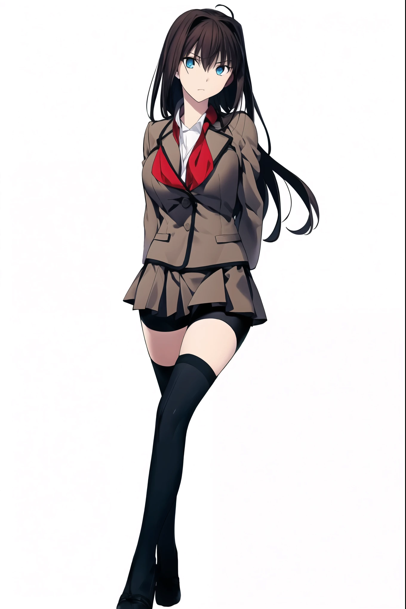 8k, highest quality, highest detail, AokoSchoolUniform, 1girl, solo, 2 legs, (chestnut-brown hair with slightly reddish undertone), perfect face, red neckerchief, beige blazer, white shirt, (large breasts:0.7), nice hips, (Umber pleated-skirt:1.4), (black spandex shorts:1.4), (nice thighs:1.5), (black thigh-high hosiery:1.6), (brown Strap-Shoes), standing straight, ((Full body in frame including full shoes)), white-empty background, (((empty background:1.6)))

