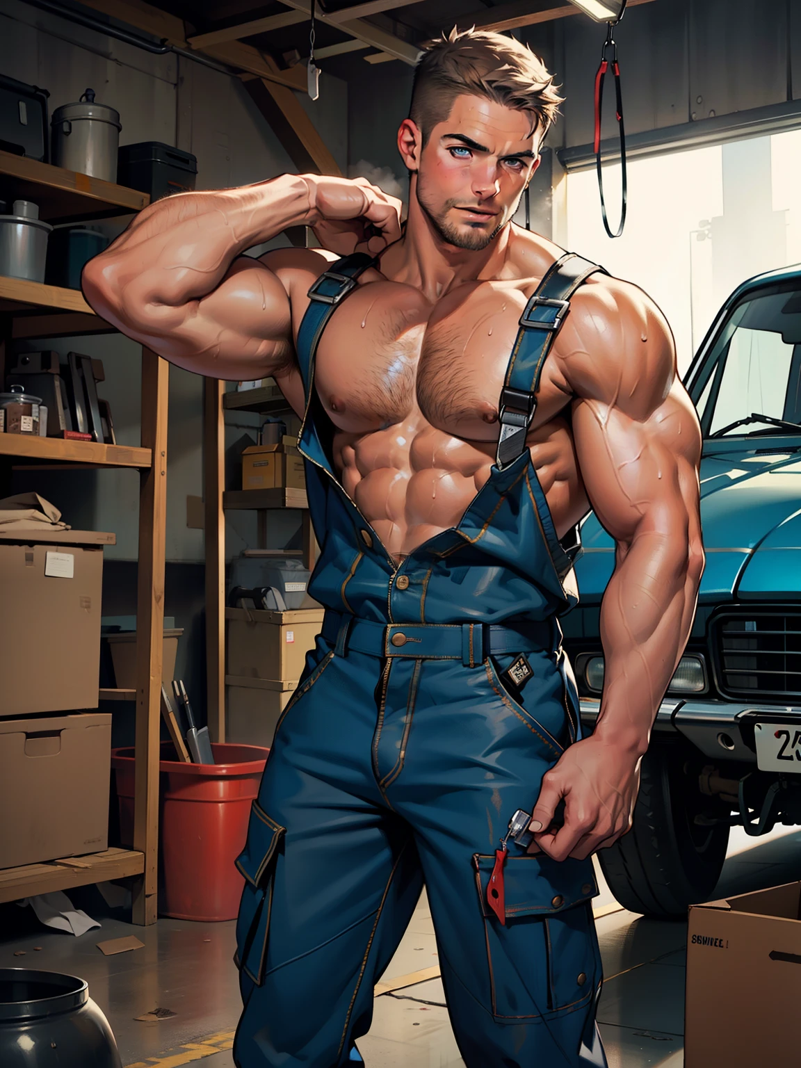 NSFW ,masterpiece , 8k , best quality ,very very detailed face , natural eyes, 1man, young man, boy, muscled and mature, stephen amell as a mechanic wearing totally unbuttoned overall, showing COCK , his nipples and muscles , mechanic tools , sweating, tight cloth, , full body view , working on a car