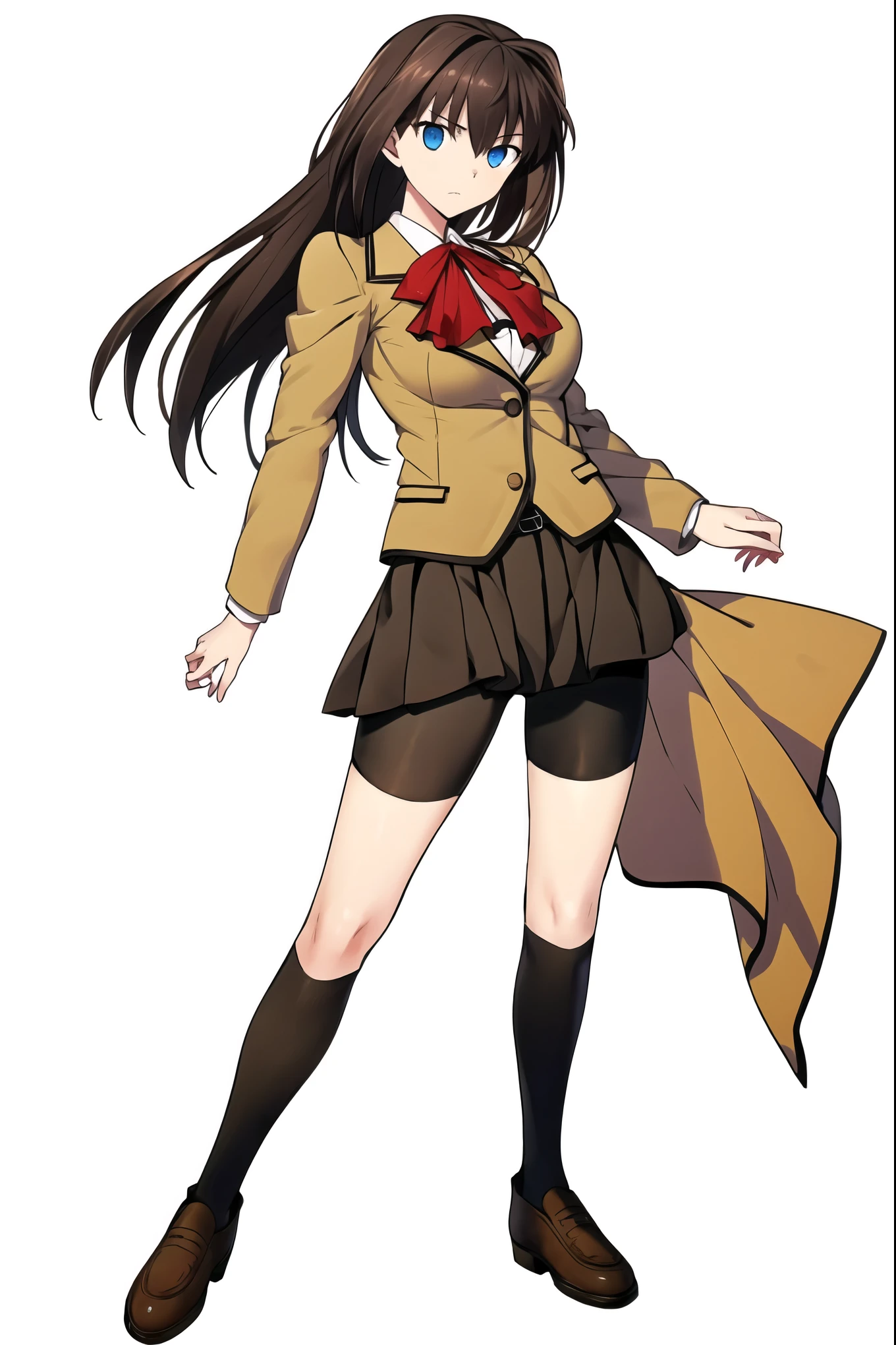 8k, highest quality, highest detail, AokoSchoolUniform, 1girl, solo, 2 legs, (chestnut-brown hair with slightly reddish undertone), perfect face, red neckerchief, beige blazer, white shirt, (perfect shape large breasts:0.7), nice hips, (Umber pleated-skirt:1.4), (black spandex shorts:1.4), (nice thighs:1.5), (black thigh-high hosiery:1.6), (brown Strap-Shoes), standing straight, ((Full body in frame including)), ((Shoes in frame)), white-empty background, (((empty background:1.6)))
