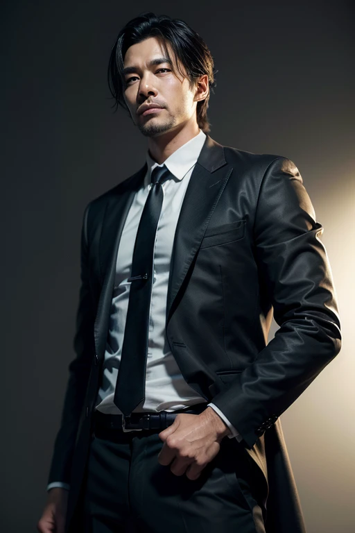 A highly detailed CG Unity 8K wallpaper,
Photorealistic and detailed, high resolution,
Kenta Ishikawa, the renowned detective,
Standing tall with a professional detective pose,
Length 1.8 meters,
Sharp facial features, intense gaze,
Dark black hair, medium height,
Wearing a sleek suit and tie,
Intellectual and stylish appearance,
A determined look on his face,
Light shining on his face from the side,
Gray background, cinematic lighting,
Detailed and expressive face,
Captivating and masterful, a top-quality piece,
The best quality image of K