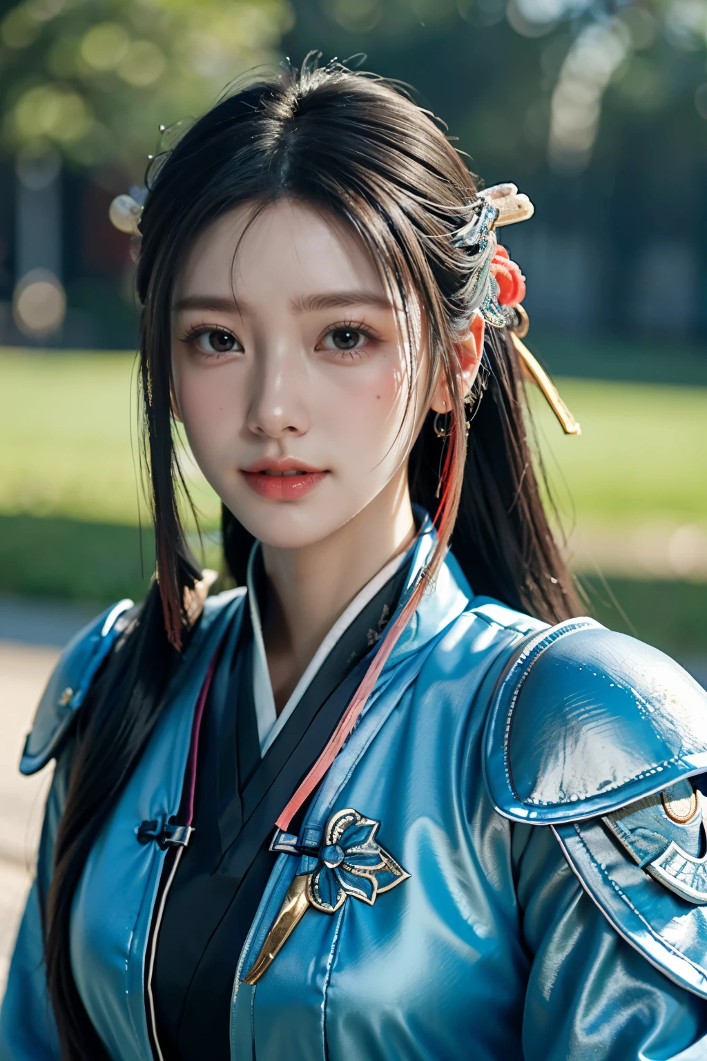 Game art,The best picture quality,Highest resolution,8K,(A bust photograph),(Portrait from bust:1.5),(Head close-up),(Rule of thirds),Unreal Engine 5 rendering works, (The Girl of the Future),(Female Warrior),
20-year-old girl,(The warrior in ancient China),An eye rich in detail,(Big breasts),Elegant and noble,indifferent,(Smile),
(The costume of Chinese swordsman elements,Costumes of ancient Chinese characters,A random pattern of clothing,Ribbon,Joint Armor,Rich dress details),(Chinese Hanfu:1.3),figure,Fantasy style,
Photo poses,Field background,Movie lights,Ray tracing,Game CG,((3D Unreal Engine)),oc rendering reflection pattern